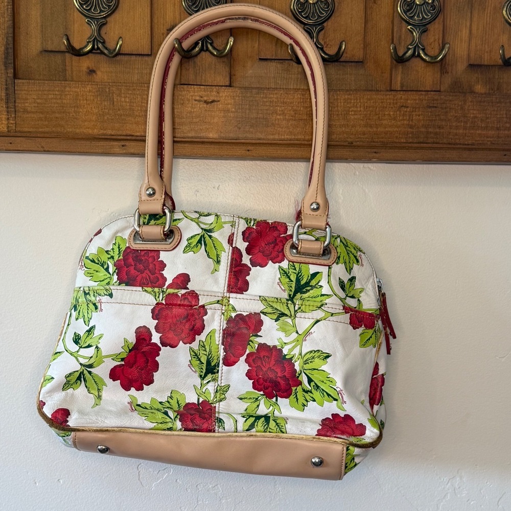 Tignanello Red Rose Floral Leather Satchel Handbag White Tan Trim